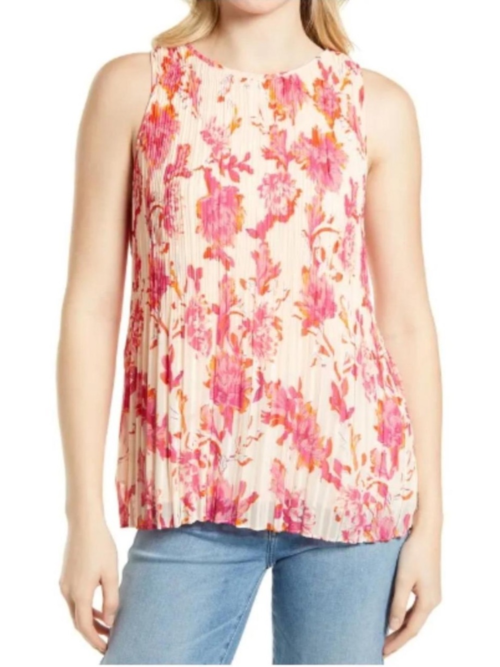 NWT Halogen | Women’s Pink/Peach Floral Georgia Accordian Pleat Tank Top Size S